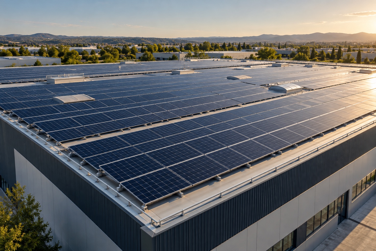 Toiture de bâtiment professionnel équipée de panneaux photovoltaïques — illustration IA
